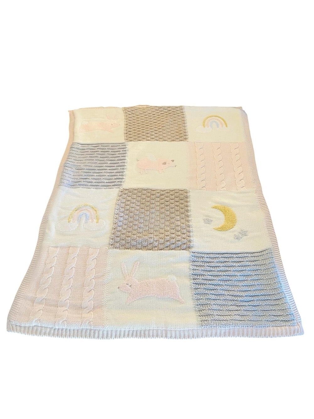 Pottery Barn Kids Pastel Patchwork Knit Baby Blanket - Pink, Cream, Gray, Yellow